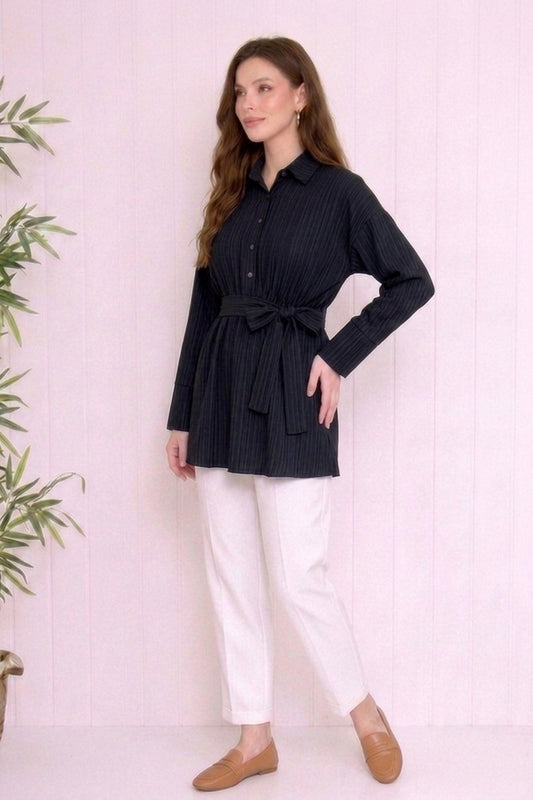 Beli Büzgülü Kuşaklı Müslin Tunik