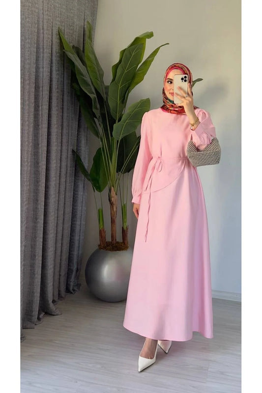 Şal Yaka Kuşaklı Uzun Elbise Pembe