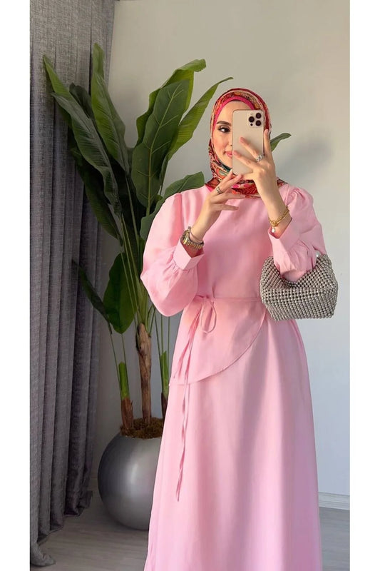 Şal Yaka Kuşaklı Uzun Elbise Pembe