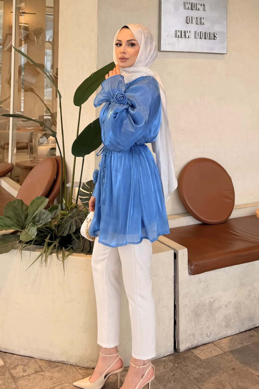Kolları Gül Detaylı Organze Tunik
