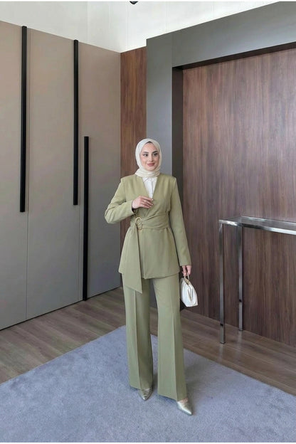 Kemer Detaylı Ceket Pantolon Takım