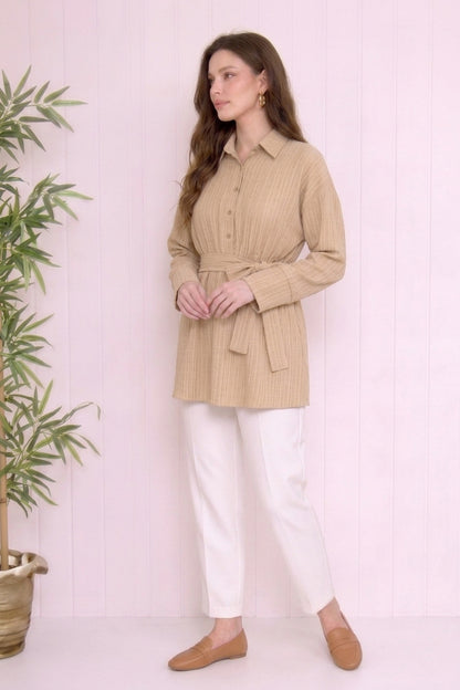 Beli Büzgülü Kuşaklı Müslin Tunik