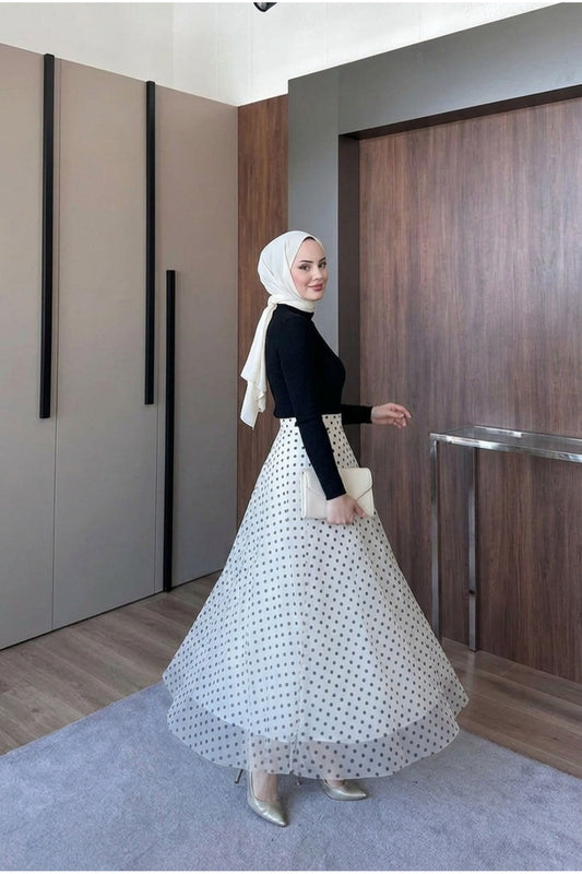 Puantiye Desenli Astarlı Tül Etek