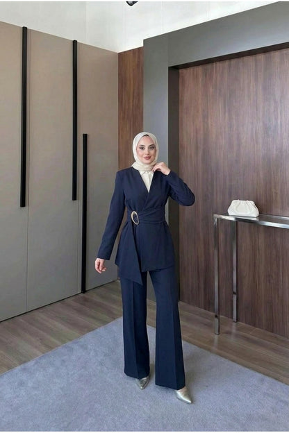 Kemer Detaylı Ceket Pantolon Takım