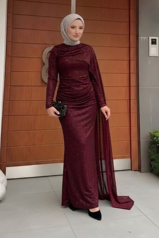Karmen Pelerinli Işıltılı Abiye