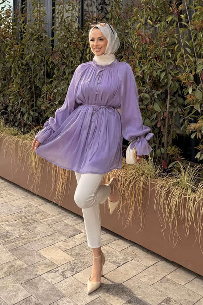 Kolları Gül Detaylı Organze Tunik