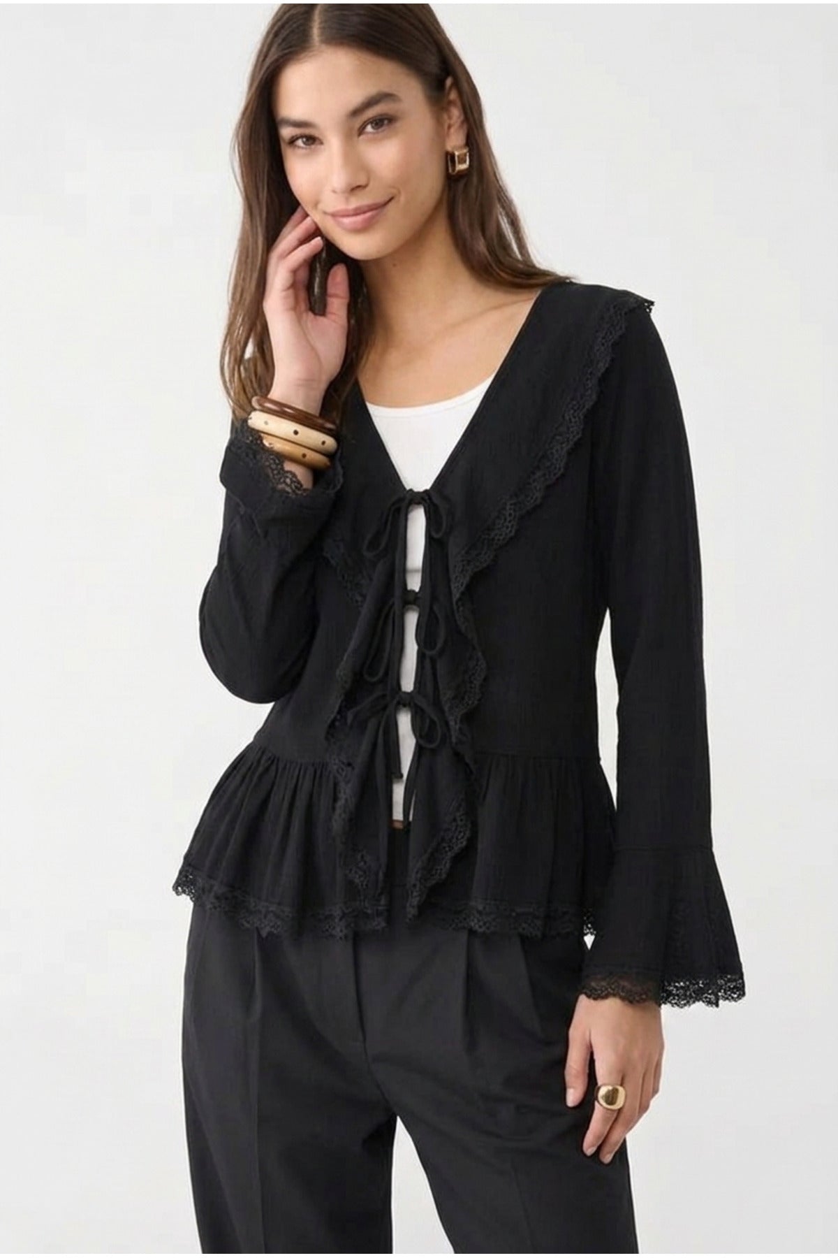 Dantel Detaylı Bağlamalı Kimono