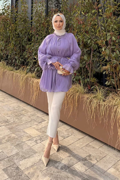 Kolları Gül Detaylı Organze Tunik