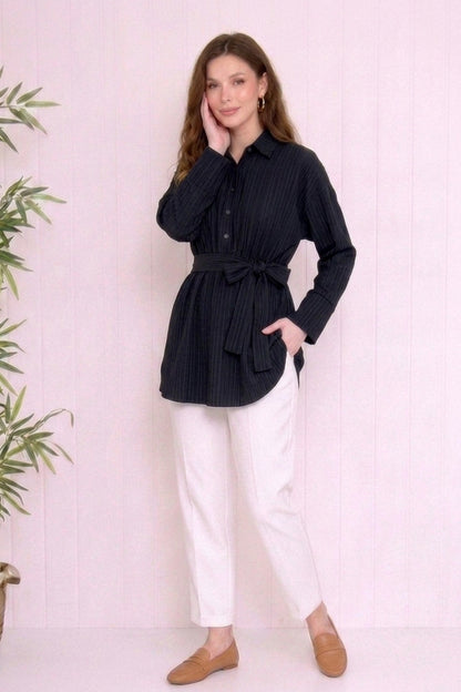 Beli Büzgülü Kuşaklı Müslin Tunik