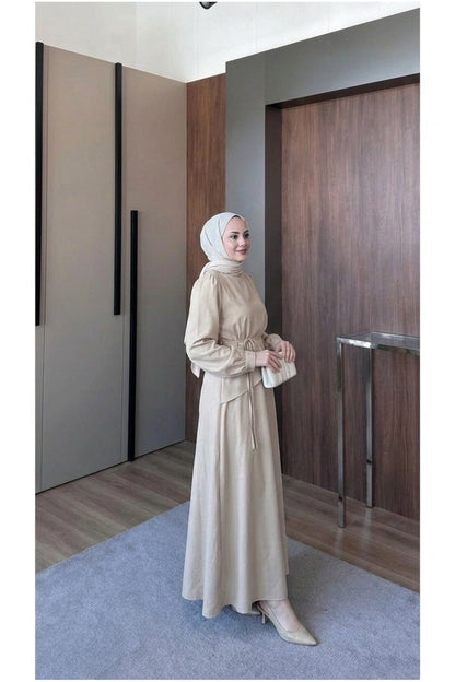 Şal Yaka Kuşaklı Uzun Elbise