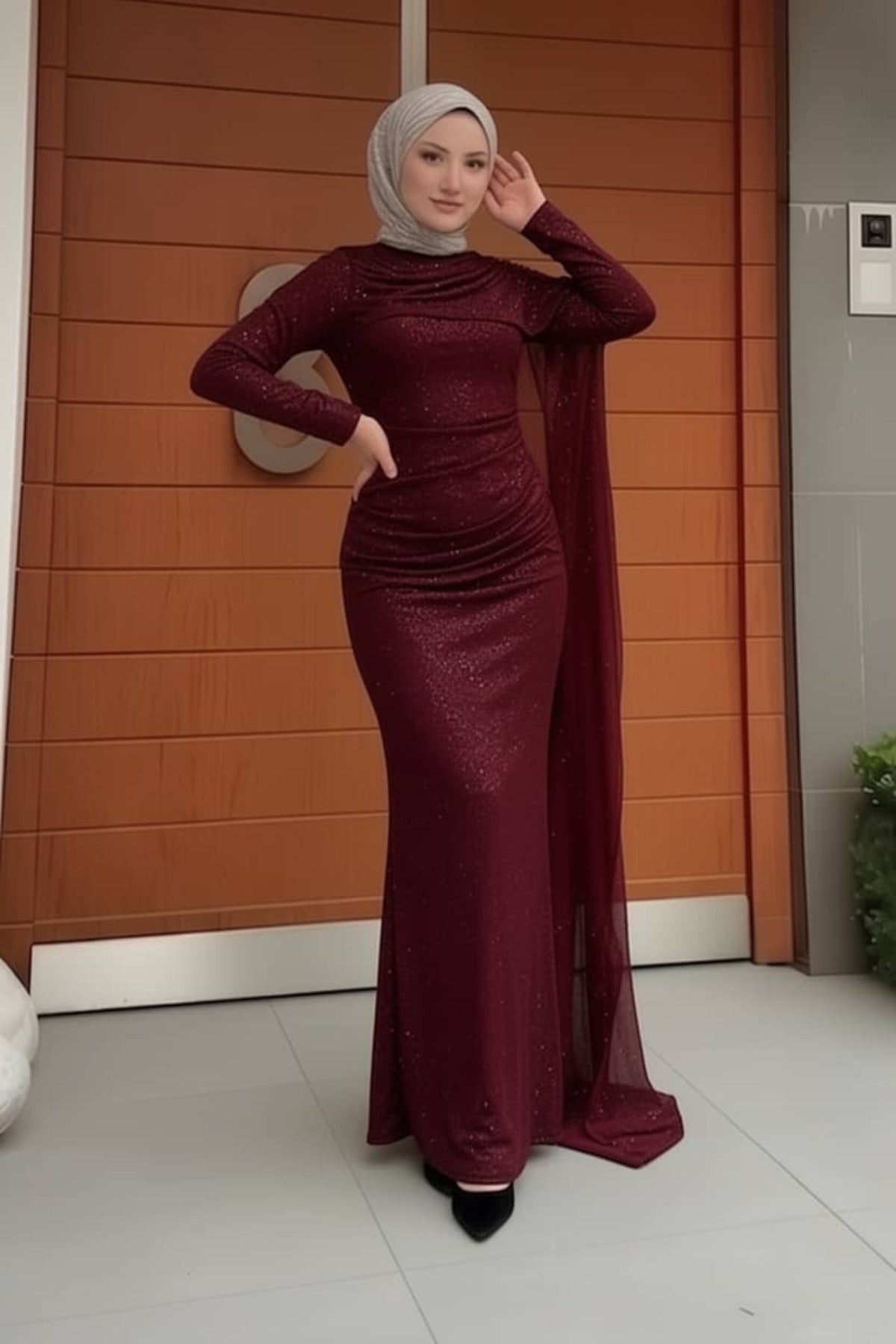Karmen Pelerinli Işıltılı Abiye