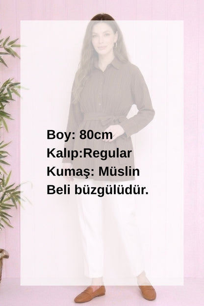 Beli Büzgülü Kuşaklı Müslin Tunik