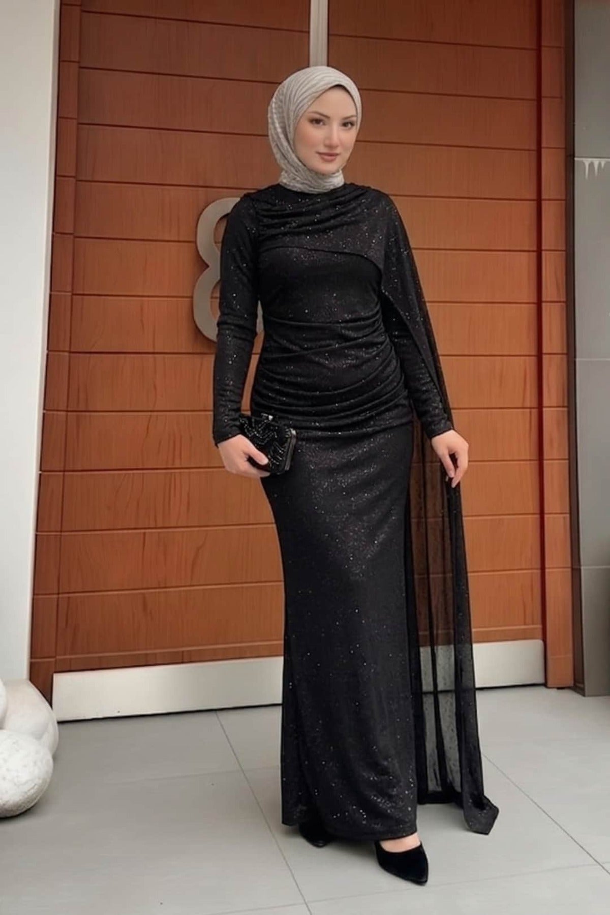 Karmen Pelerinli Işıltılı Abiye