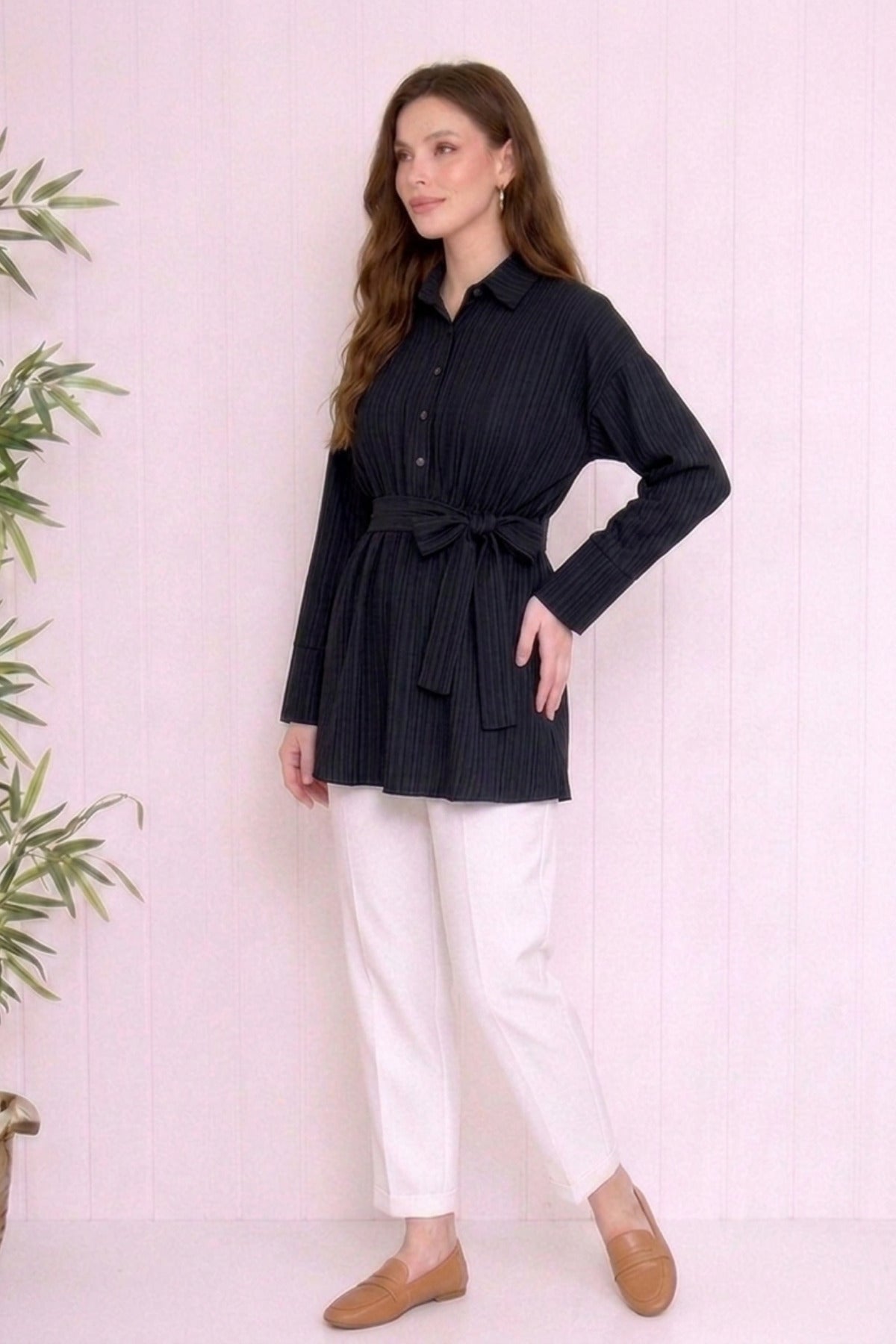 Beli Büzgülü Kuşaklı Müslin Tunik