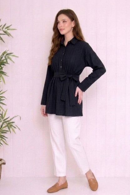 Beli Büzgülü Kuşaklı Müslin Tunik