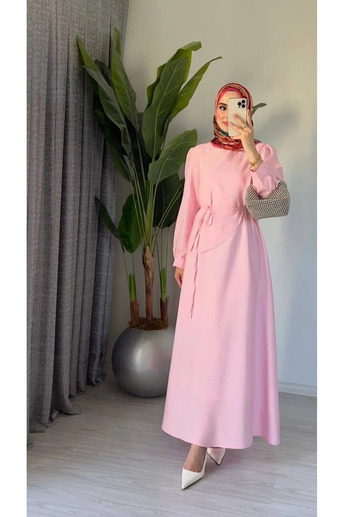 Şal Yaka Kuşaklı Uzun Elbise Pembe