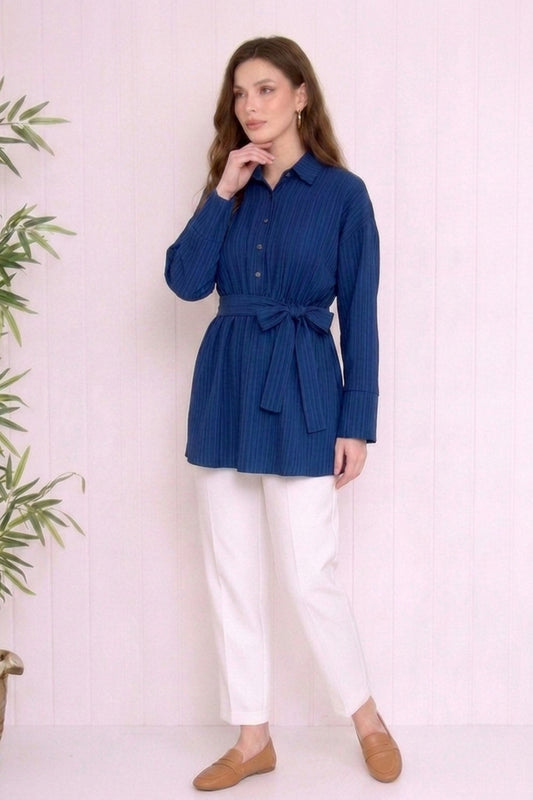 Beli Büzgülü Kuşaklı Müslin Tunik