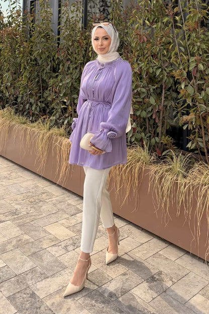Kolları Gül Detaylı Organze Tunik