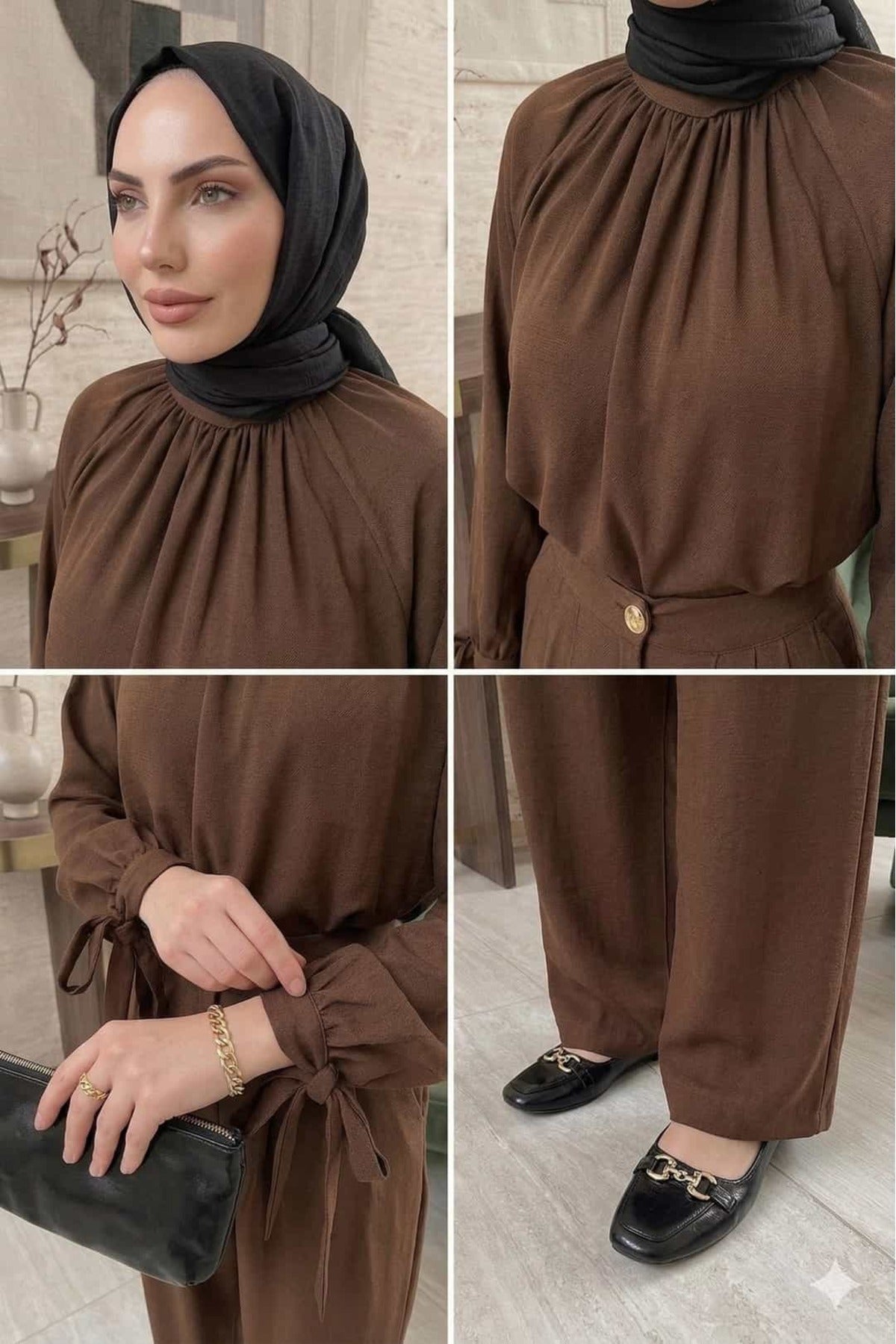 Kolları Bağlamalı Tunik ve Piliseli Geniş Paça Pantolon Takımı