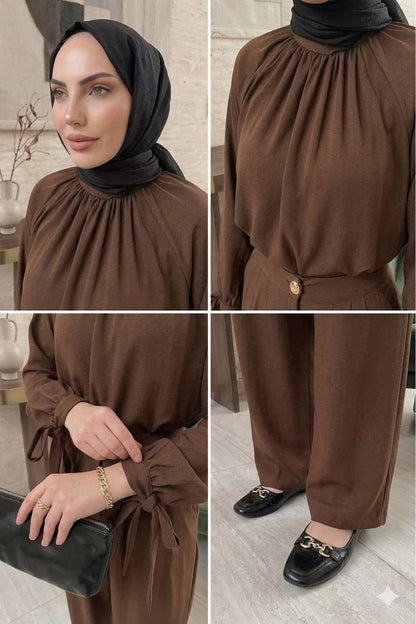 Kolları Bağlamalı Tunik ve Piliseli Geniş Paça Pantolon Takımı