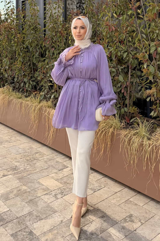 Kolları Gül Detaylı Organze Tunik