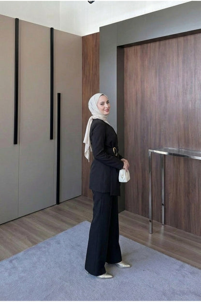 Kemer Detaylı Ceket Pantolon Takım