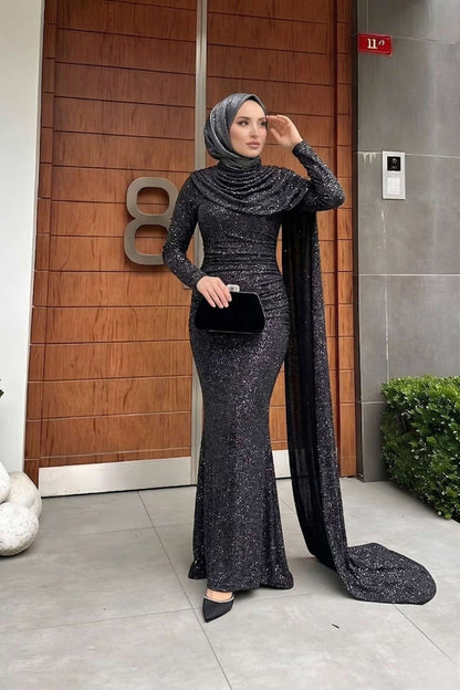 Karmen Pelerinli Işıltılı Abiye