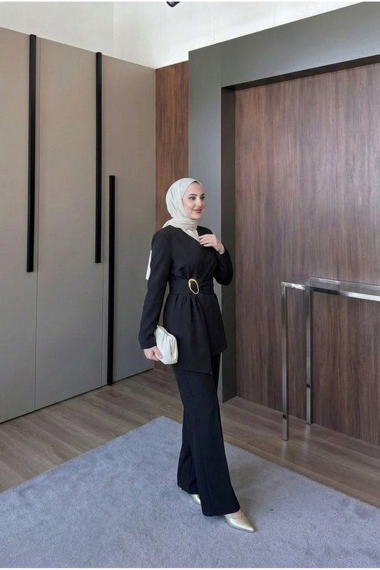 Kemer Detaylı Ceket Pantolon Takım